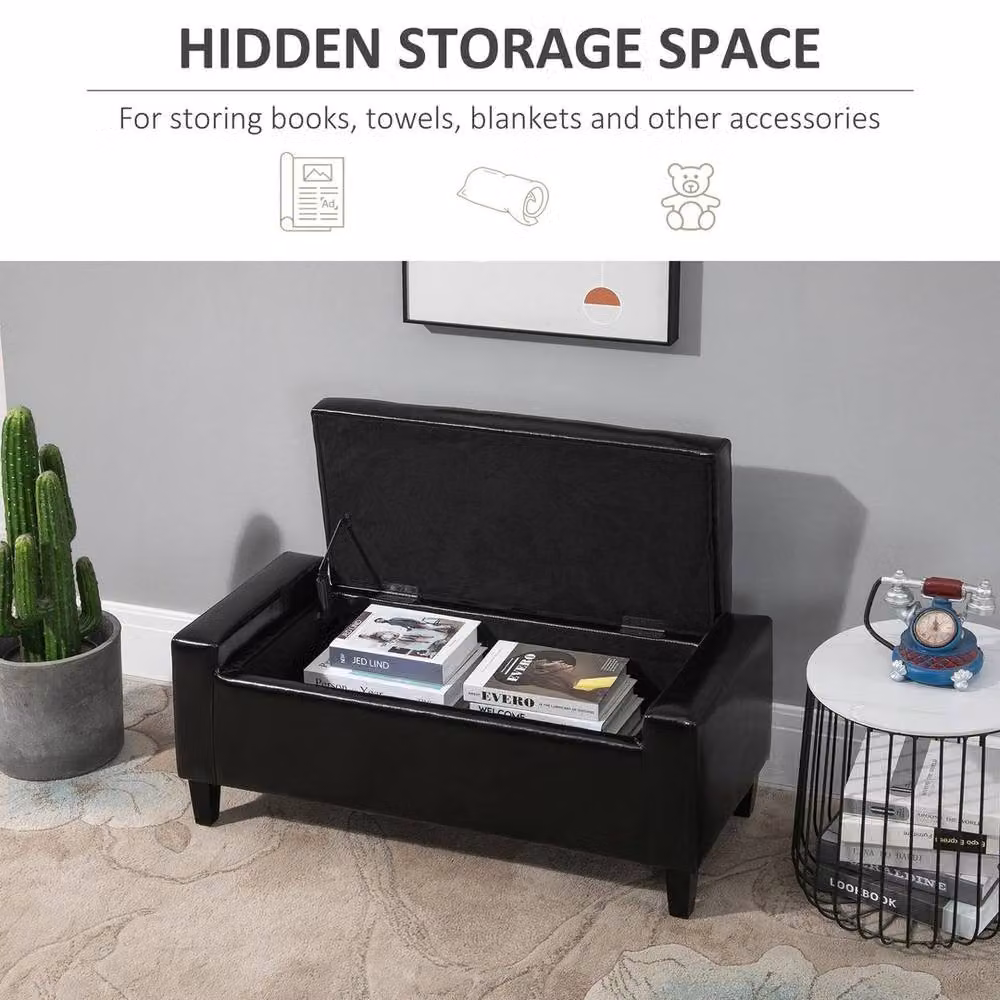 FORGEVIO Black PU Leather Storage Ottoman Bench with Rubberwood Frame, W: 150 cm, D: 40 cm, H: 40 cm – 3