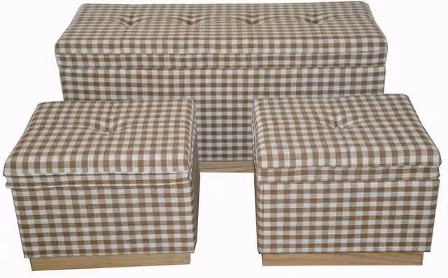 Minster Set of 3 Brown Chequered Rectangular Ottoman Stools with Storage