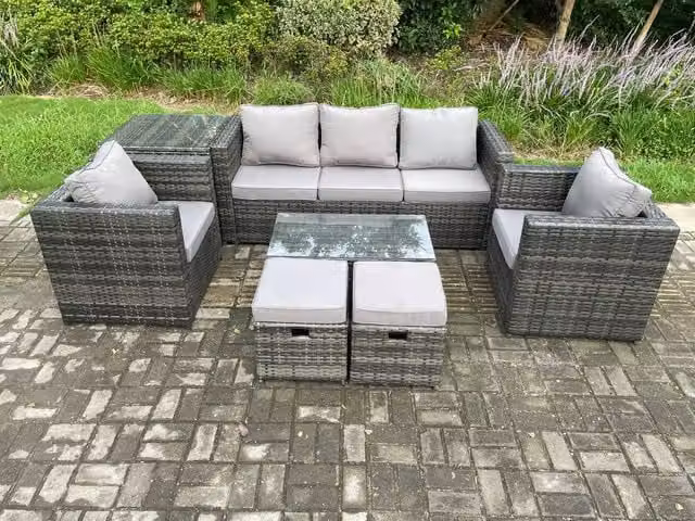 Fimous Rattan Garden Furniture Set in Dark Grey with 3 Seater Sofa, Coffee Table, 2 Armchairs and 2 Footstools