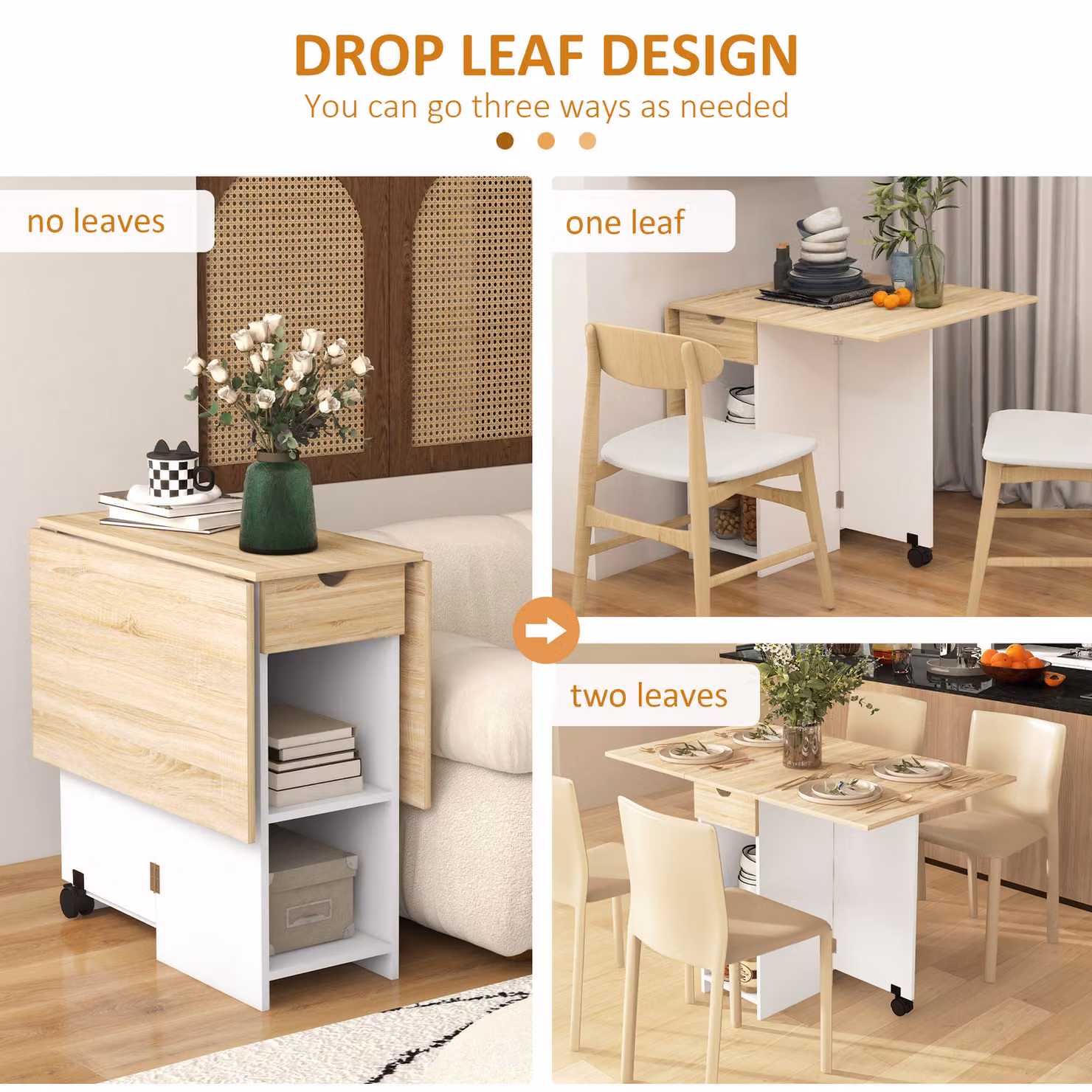 HOMCOM Folding Drop Leaf Dining Table with Drawer and Storage Shelves in White – 3