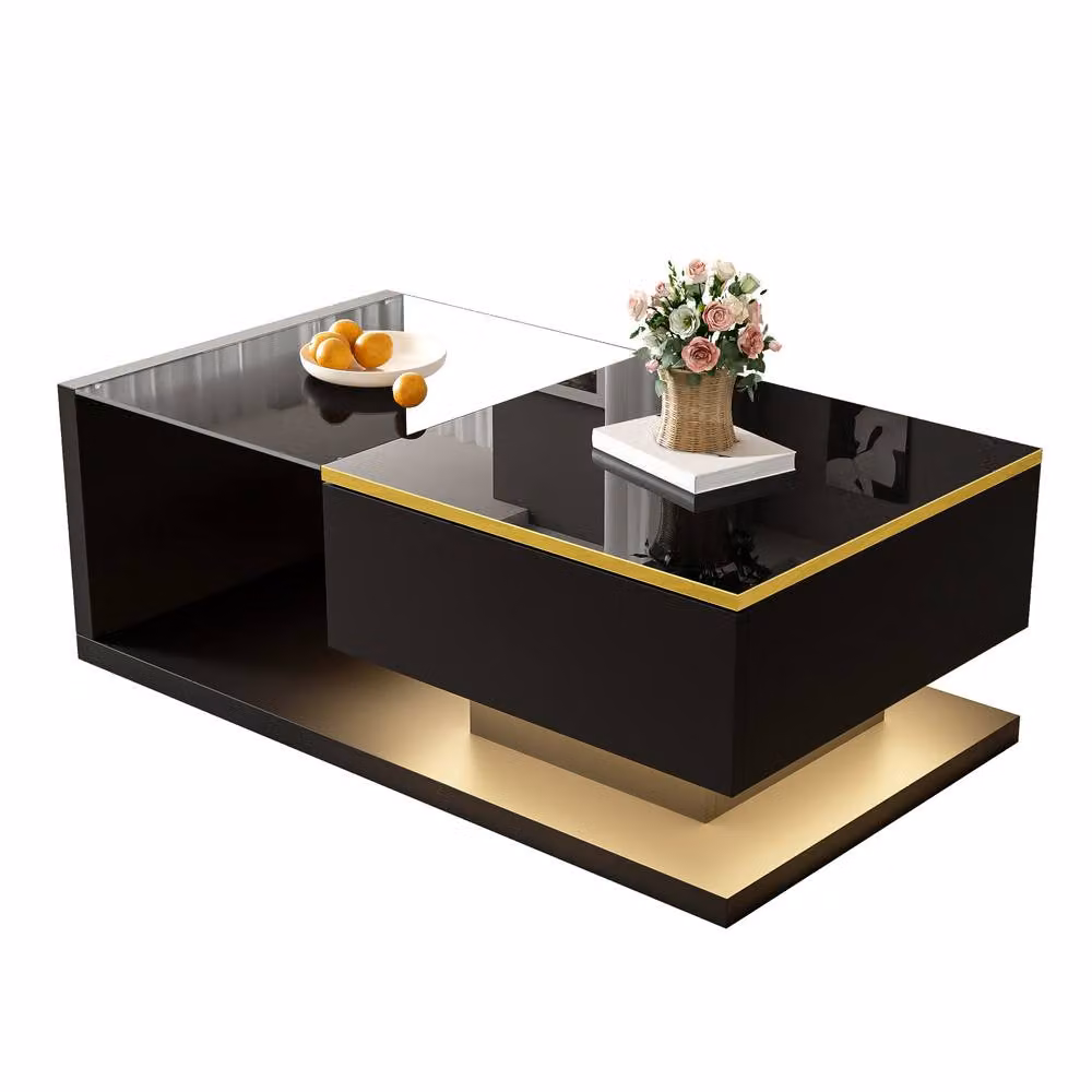 STILVORA Modern Black Coffee Table with Glossy LED Glass Top – 4