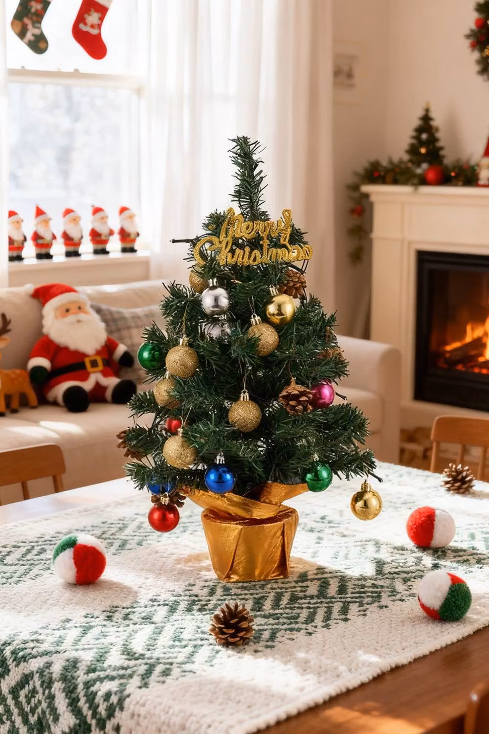 Living and Home Mini Pre-Lit Tabletop Christmas Tree with Merry Christmas Top and Multicolour Baubles in Green, Gold and Brown – 2
