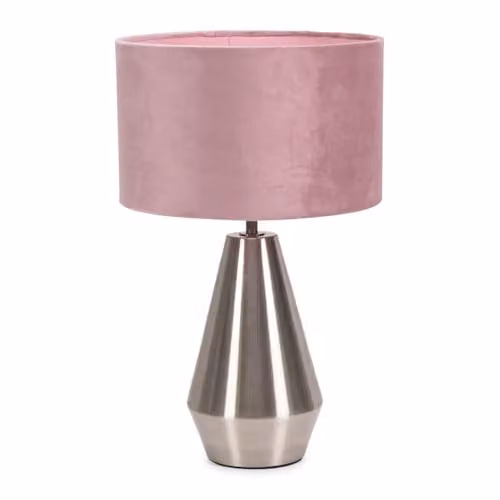 ValueLights Silver Metal Touch Dimmer Table Lamp with Blush Pink Velvet Shade and LED Bulb