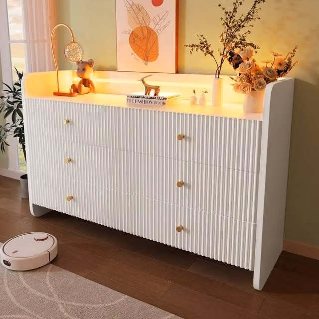 Rolipo White Fluted 6-Drawer Sideboard with Integrated LED Lighting