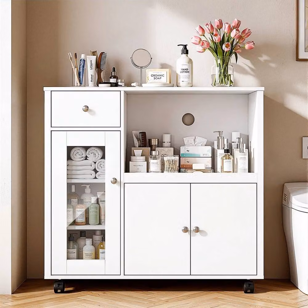 KORVIXA White Rolling Kitchen Island Sideboard Trolley with Microwave Shelf, W/D/H: 100 x 40 x 82.5 cm – 5