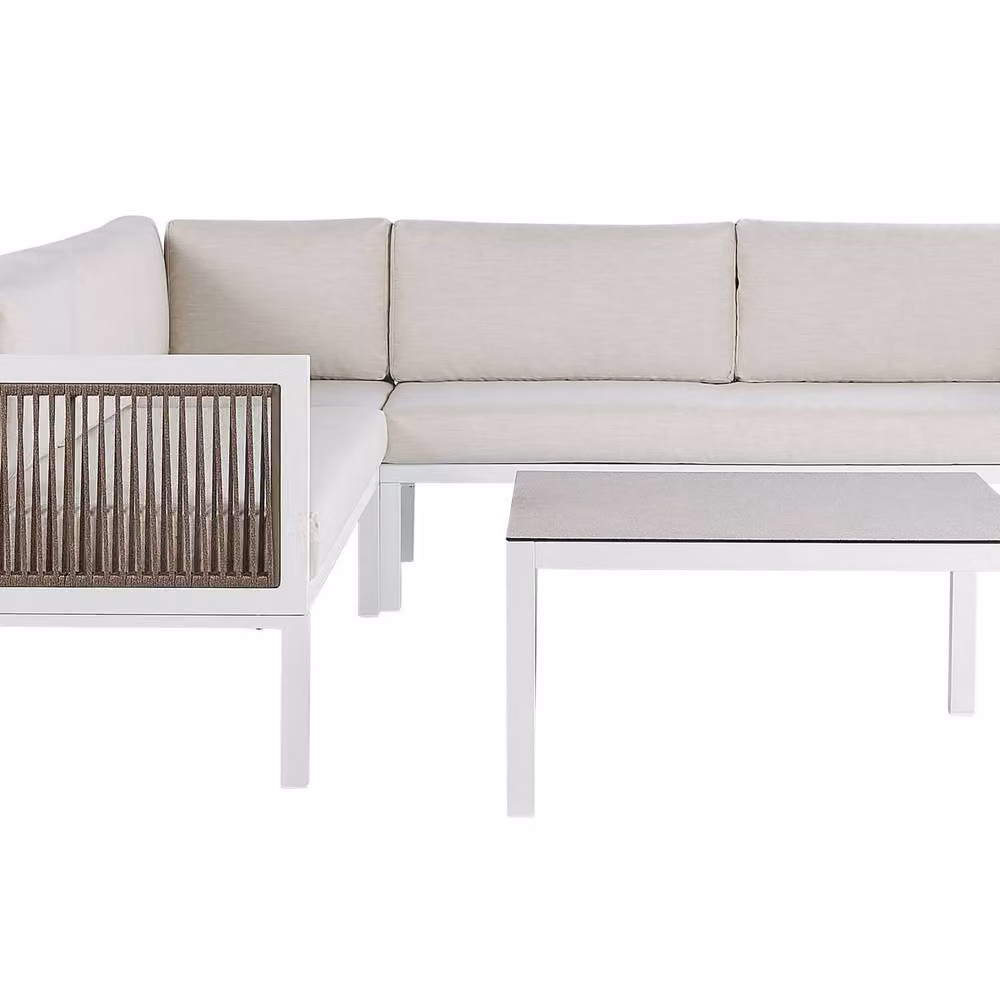 Wyld and Coco 4 Seater Left Hand L Shaped Outdoor Lounge Set with Coffee Table in White Powder Coated Aluminium – 2