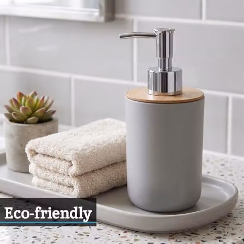 Orsina White and Grey Bamboo Fibre Lotion Dispenser with Refillable Pump, 300ml – 3