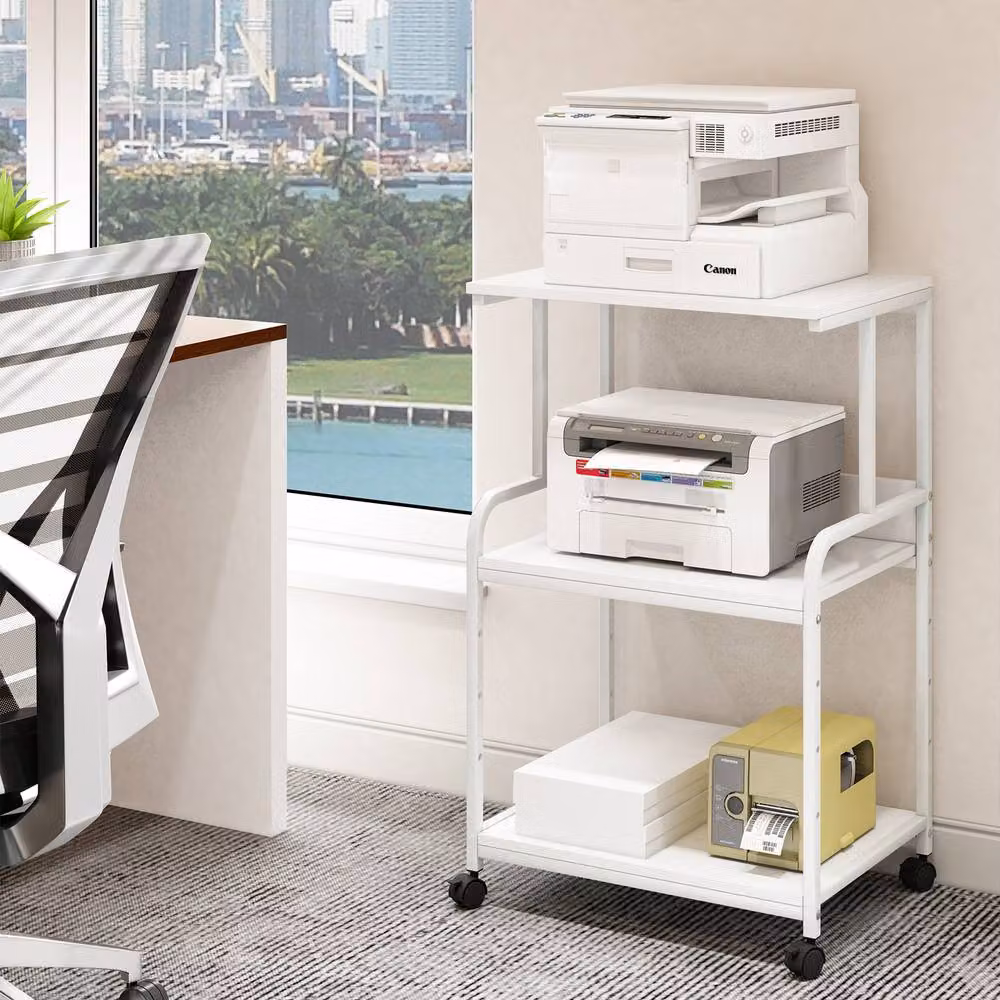 Huhote 3-Tier Printer Stand with Adjustable Storage Shelves and Locking Wheels, White – 2