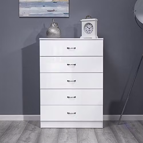FWStyle Chilton Modern 5 Drawer Chest in White Gloss, H 100 cm x W 70 cm x D 40 cm – 3