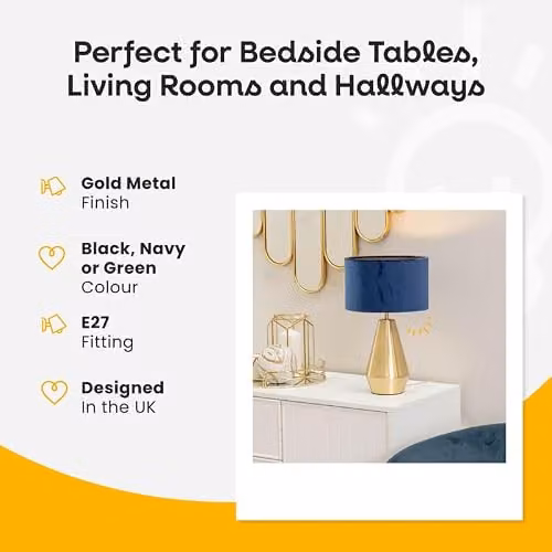ValueLights Gold Metal Touch Dimmer Table Lamp with Navy Blue Fabric Drum Shade and LED Bulb – 2