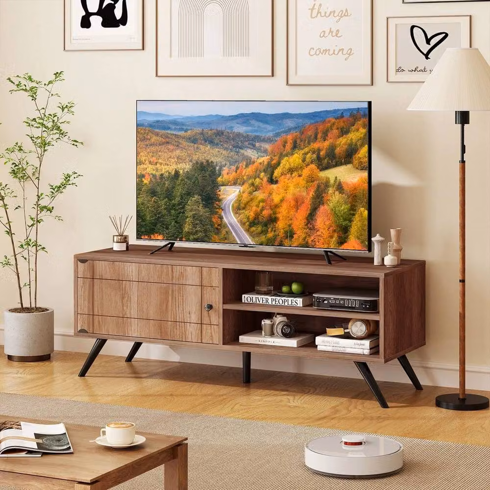 VOGREX Mid Century TV Stand in Light Oak with 2 Open Shelves and Media Compartments – 3
