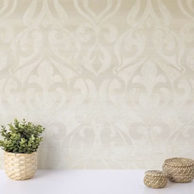 Wallquest Gleam Glitter Damask Abstract Floral Wallpaper in Green, Beige, Gold and Silver
