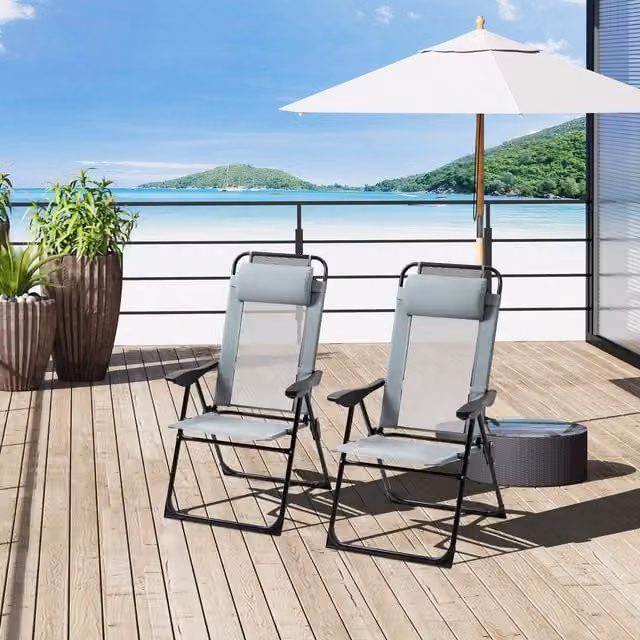 Outsunny Set of 2 Grey Textilene Folding Recliner Chairs with Armrests