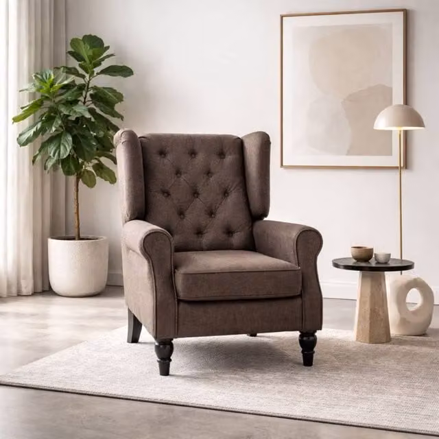 Wyld Haus Mizi Brown Wingback Accent Chair with Button Tufting and Solid Wood Frame – 1