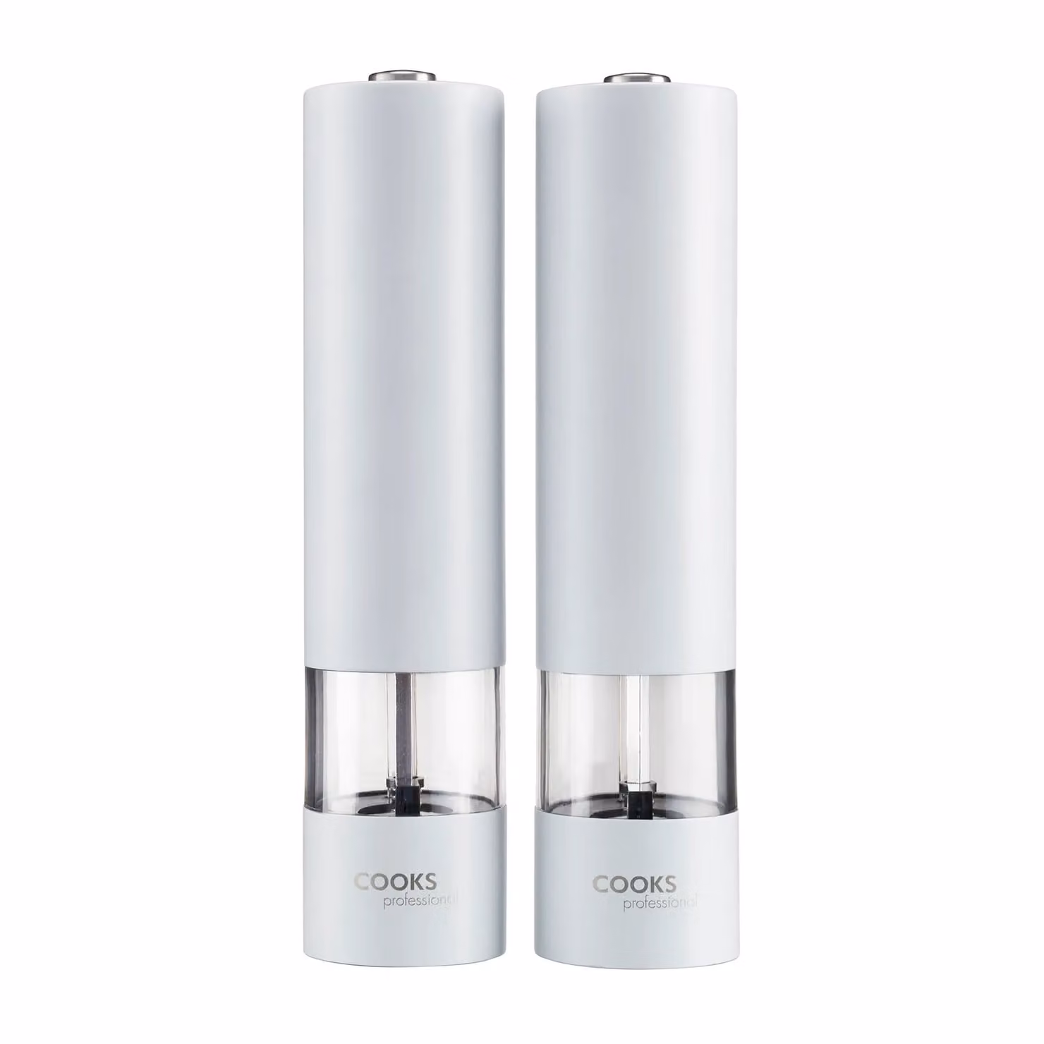 Cooks Professional Electric Salt and Pepper Mill Set, Battery Operated Stainless Steel Automatic Grinders in White – 2