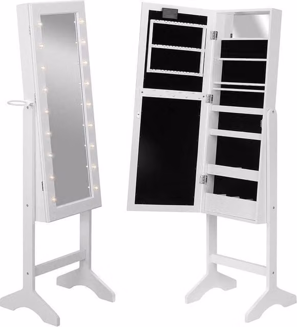 Beautify White Free Standing LED Jewellery Cabinet Armoire with Internal Shelves and Mirror H: 145.0 cm, W: 51.0 cm, D: 36.5 cm – 1