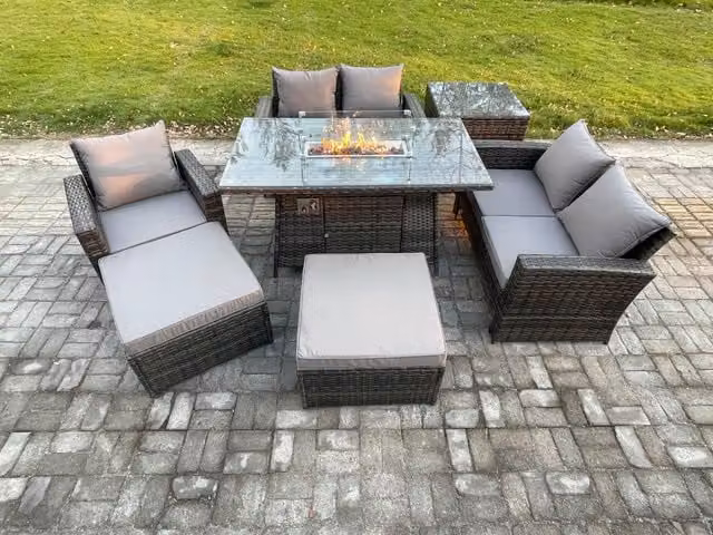 Fimous 7 Seater Rattan Outdoor Garden Furniture Set with Gas Fire Pit Table, Love Sofa, Armchair, 2 Footstools and Side Table in Dark Grey