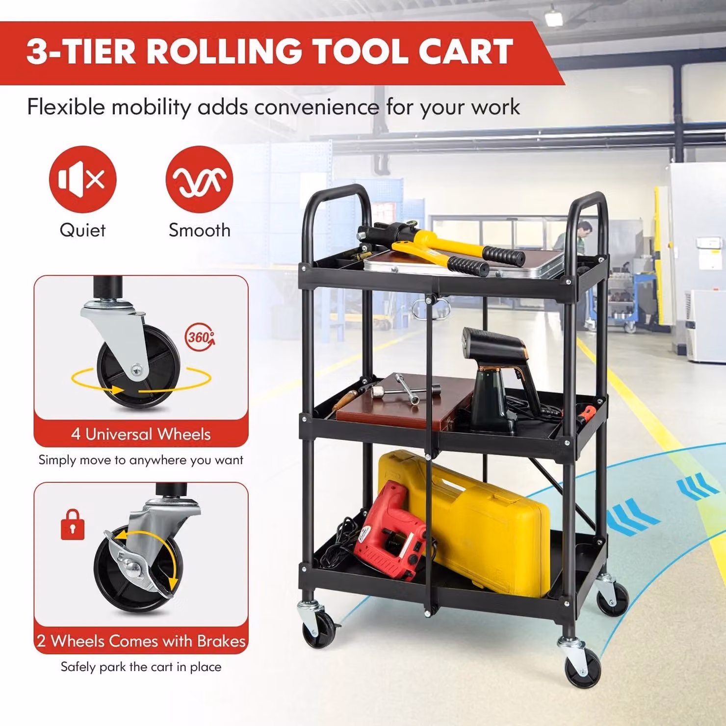 Costway 3-Tier Folding Heavy Duty Metal Tool Cart and Rolling Storage Trolley in Black – 4