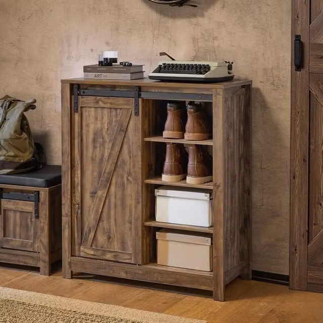 SoBuy Multifunctional Rustic Dark Brown Entrance Cabinet with Sliding Barn Doors and Internal Drawers