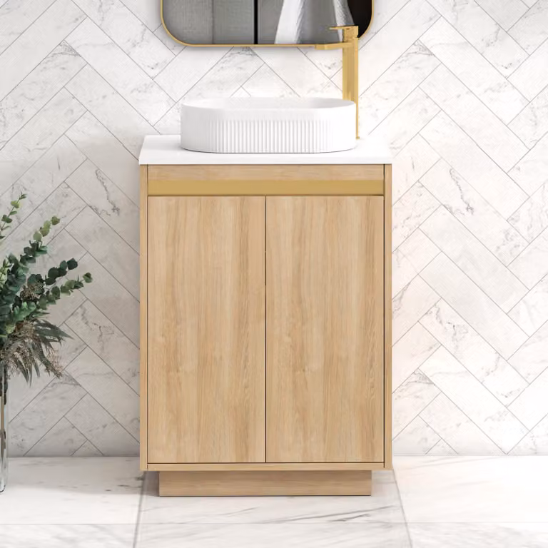 Royal Bathrooms Orion 600mm Natural Oak Floor Standing 2 Door Vanity Unit with Lyon Basin and Brushed Brass Accent Trim in White and Gold