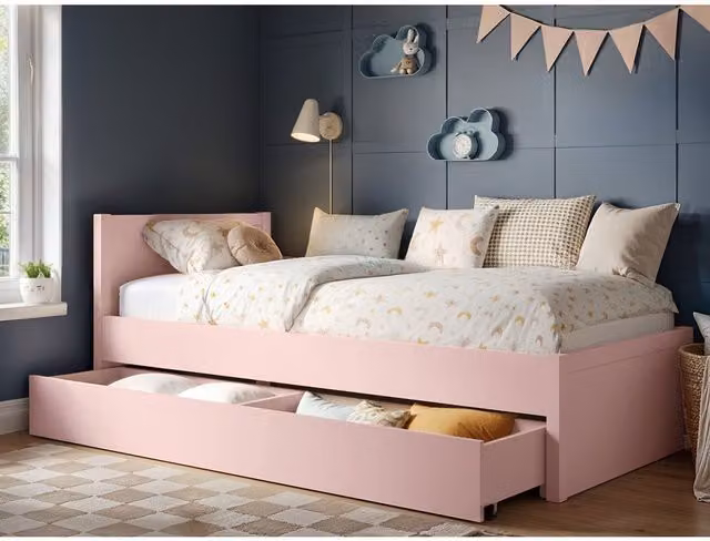 Flair Oli Single Wooden Bed with Drawers in Pink, White and Oak – 1