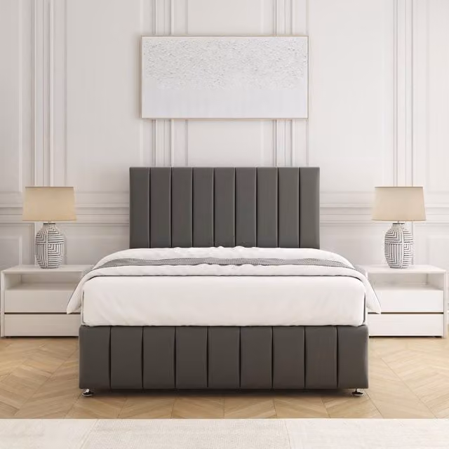 BSSPOKE Sierra Plush Velvet Divan Bed Set with 24 inch Headboard and Mattress in Grey, Double W/D/H: 140 x 200 cm