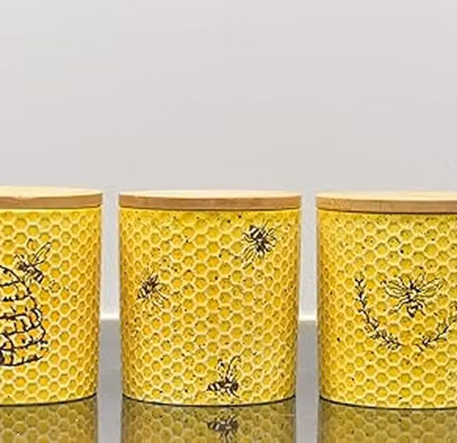 DEENZ Set of 3 Ceramic Bee Storage Canisters with Airtight Wood Lids, Yellow and Black, W/D/H: 16 x 12 x 12 cm
