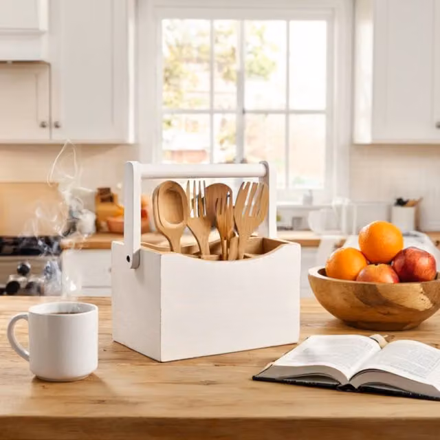 Maison Des Cadeaux White Bamboo Utensil Holder Caddy with Compartments
