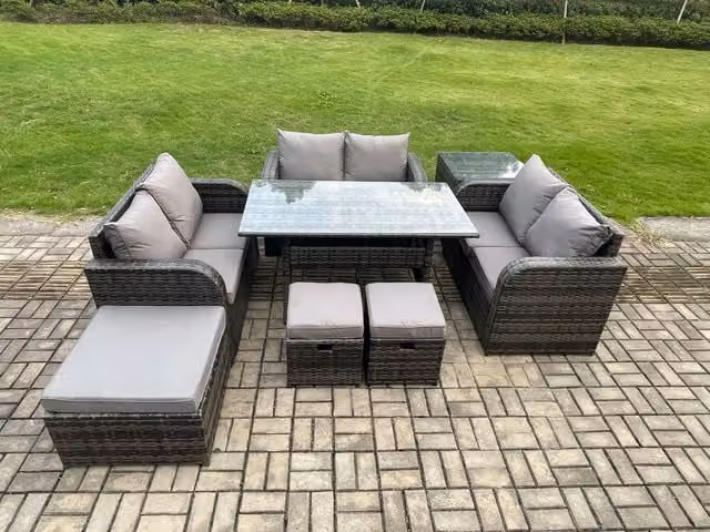 Fimous 9 Seater Outdoor Rattan Garden Furniture Set in Dark Grey with Rectangular Dining Table, Love Sofa, Side Table and 3 Footstools