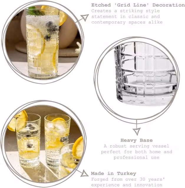 LAV Brit Geometric Highball Tumbler Glasses, Transparent, 356 ml, Pack of 12