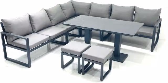 Fimous 9 Seater Outdoor Aluminum Garden Furniture Set with Corner Sofa, 2 Small Footstools and Adjustable Rising Lifting Dining Table in Dark Grey – 1