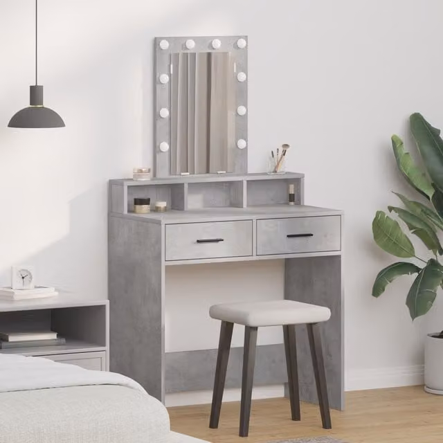 Berkfield Home Modern Makeup Table with Hollywood LED Lights in Concrete Grey, W/D/H: 79 x 41 x 140 cm