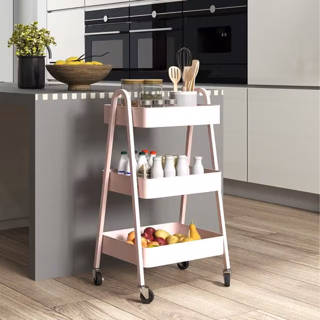 HOMCOM 3 Tier Metal Storage Trolley with Wheels and Handles in Pink