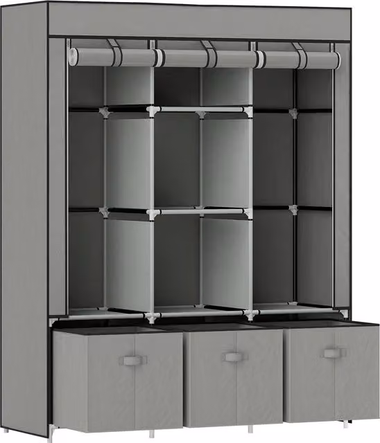 HOMCOM Fabric Wardrobe for Bedroom in Grey with Internal Shelves, Hanging Rod and Drawers, W/D/H: 125 x 43 x 162.5 cm – 1