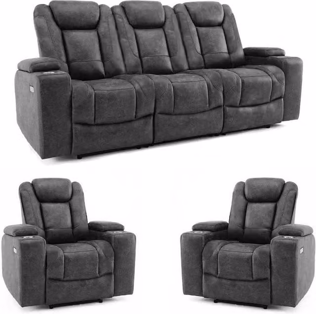 Furnishings For Less UK Juniper Grey Microfibre Electric Recliner Sofa Set (3+1+1) with USB Charging, Cup Holders and LED Lighting – 1