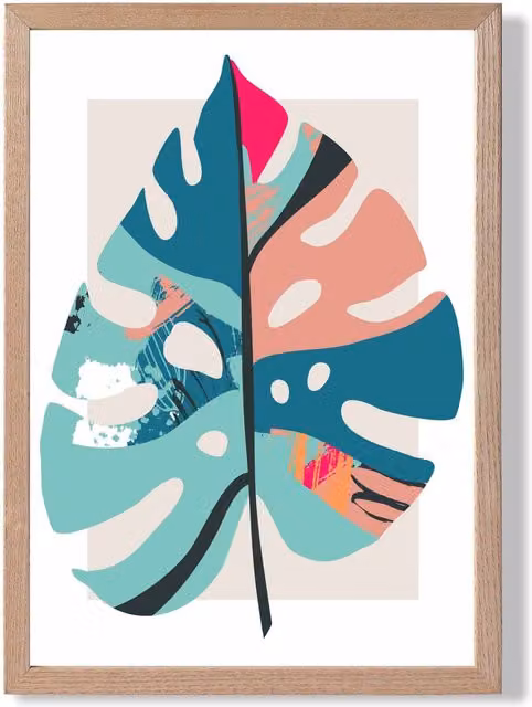 ARTZE Monstera Leaf Blue and Pink Boho Botanical Framed Print with Oak Frame, A3