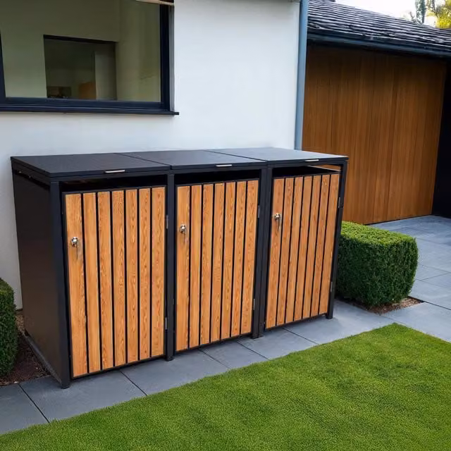 The Garden Furniture Centre Triple Wood Effect Galvanised Steel Wheelie Bin Storage with Lockable Doors in Anthracite Grey