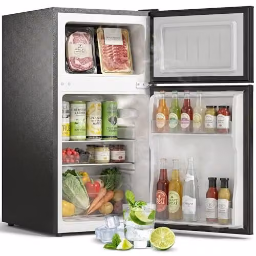HOMCOM 88L Under Counter Fridge Freezer in Black with 5-Level Thermostat and Reversible Door, W/D/H: 50 x 45.5 x 86.5 cm
