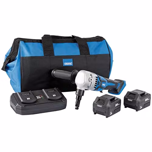 Draper 99736 D20 20V Brushless Nibbler Kit in Blue with 2 x 3Ah Rechargeable Batteries, Charger and Bag