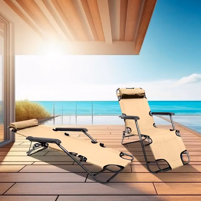 Neo 2-in-1 Sun Lounger Chair Set in Grey and Beige with UV-Resistant Fabric and Armrests