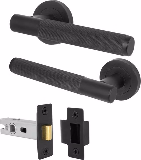 AFIT Matt Black Knurled Round Rose Door Handles with Latch, 1 Pair – 1
