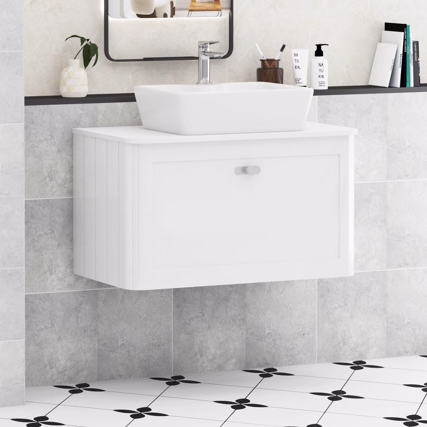 Royal Bathrooms Henley 800mm Gloss White Wall Hung Vanity Unit with Cube Basin and Plain White Worktop