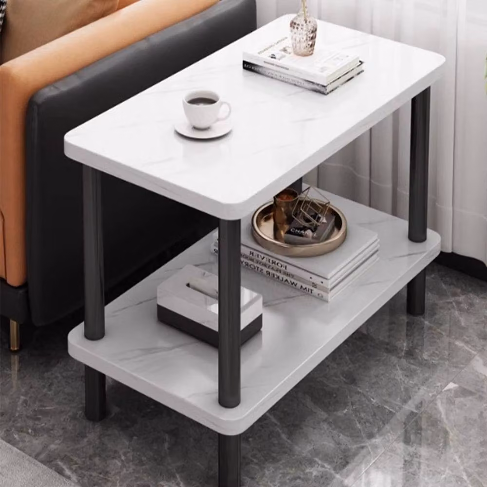 KORVIXA White 2-Tier Modern Side Table with Marble Effect Storage Shelf – 4