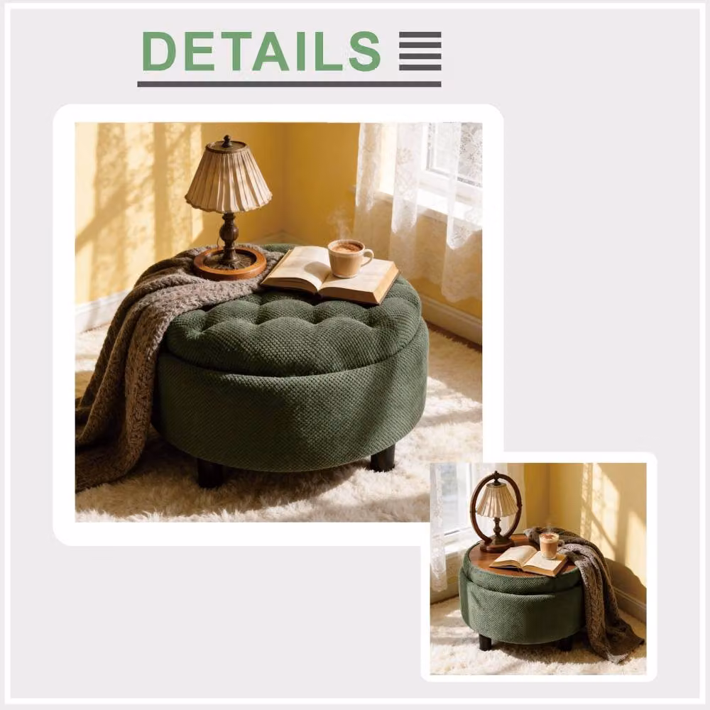 Rolipo Dark Green Round Fabric Storage Ottoman with Wooden Tray Top – 6