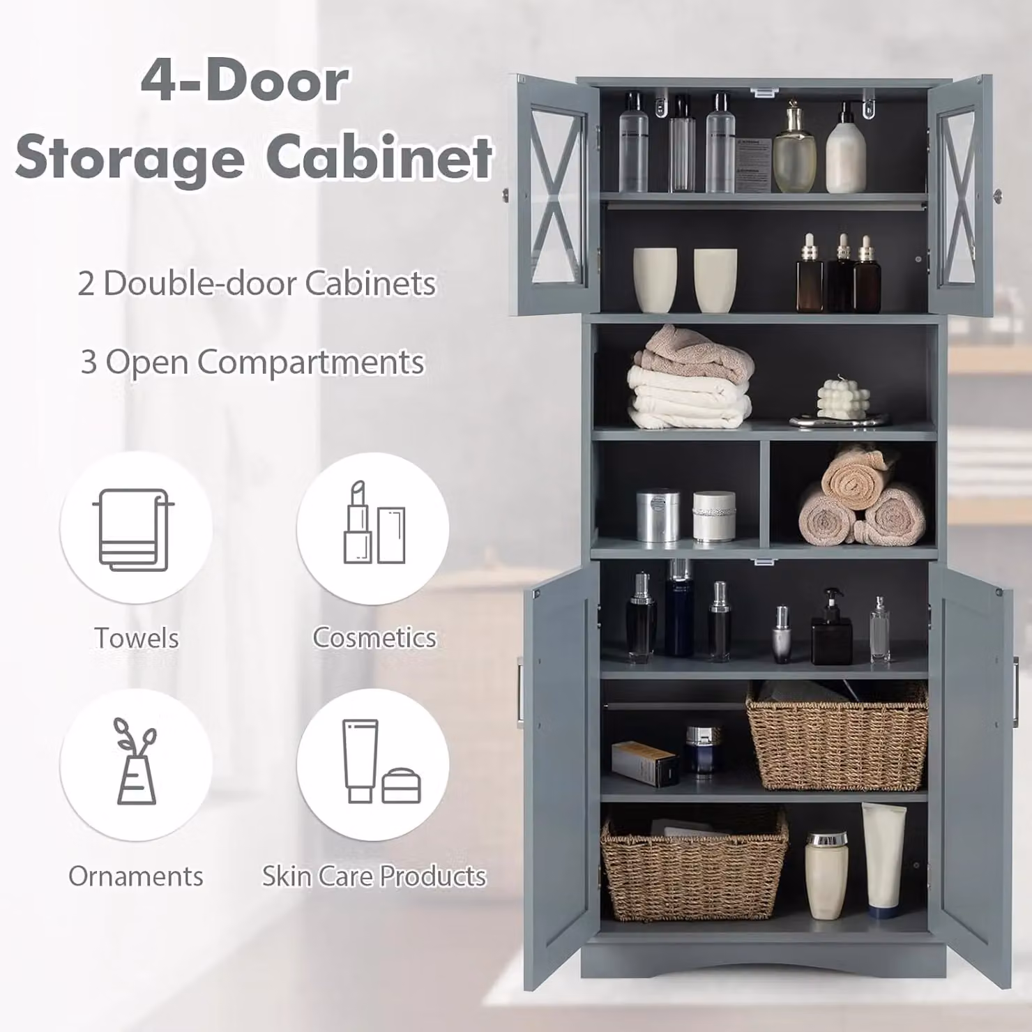 Gymax Tall Grey Bathroom Cabinet with Acrylic Glass Doors and Adjustable Internal Shelves – 4
