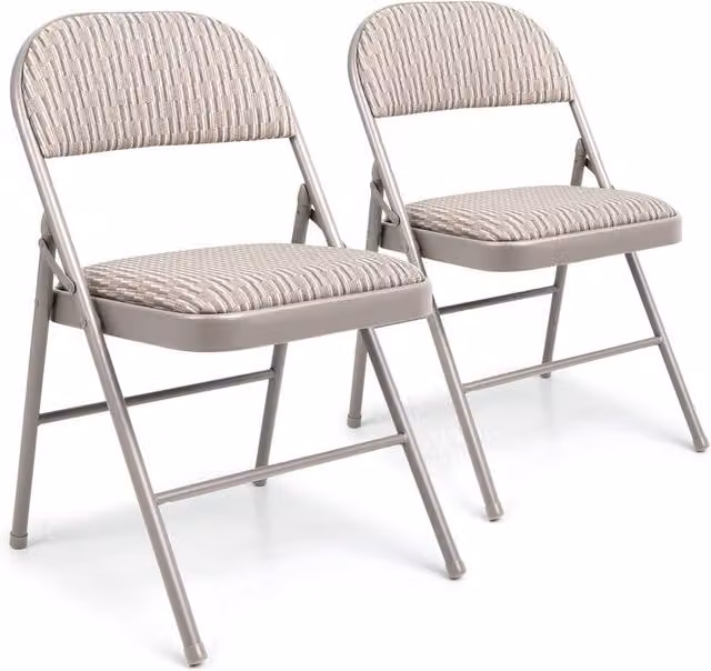 Crystals Deluxe Set of 2 Fabric Padded Folding Chairs with Powder Coated Steel Metal Frame in Grey