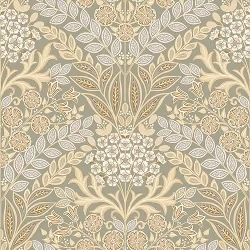 Grandeco Belevedere Arts and Crafts Floral Damask Wallpaper in Taupe, Beige and Green