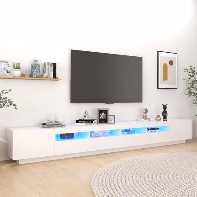 Berkfield Home Modern White Glossy TV Cabinet with LED Lights W: 300 cm, D: 40 cm, H: 40 cm