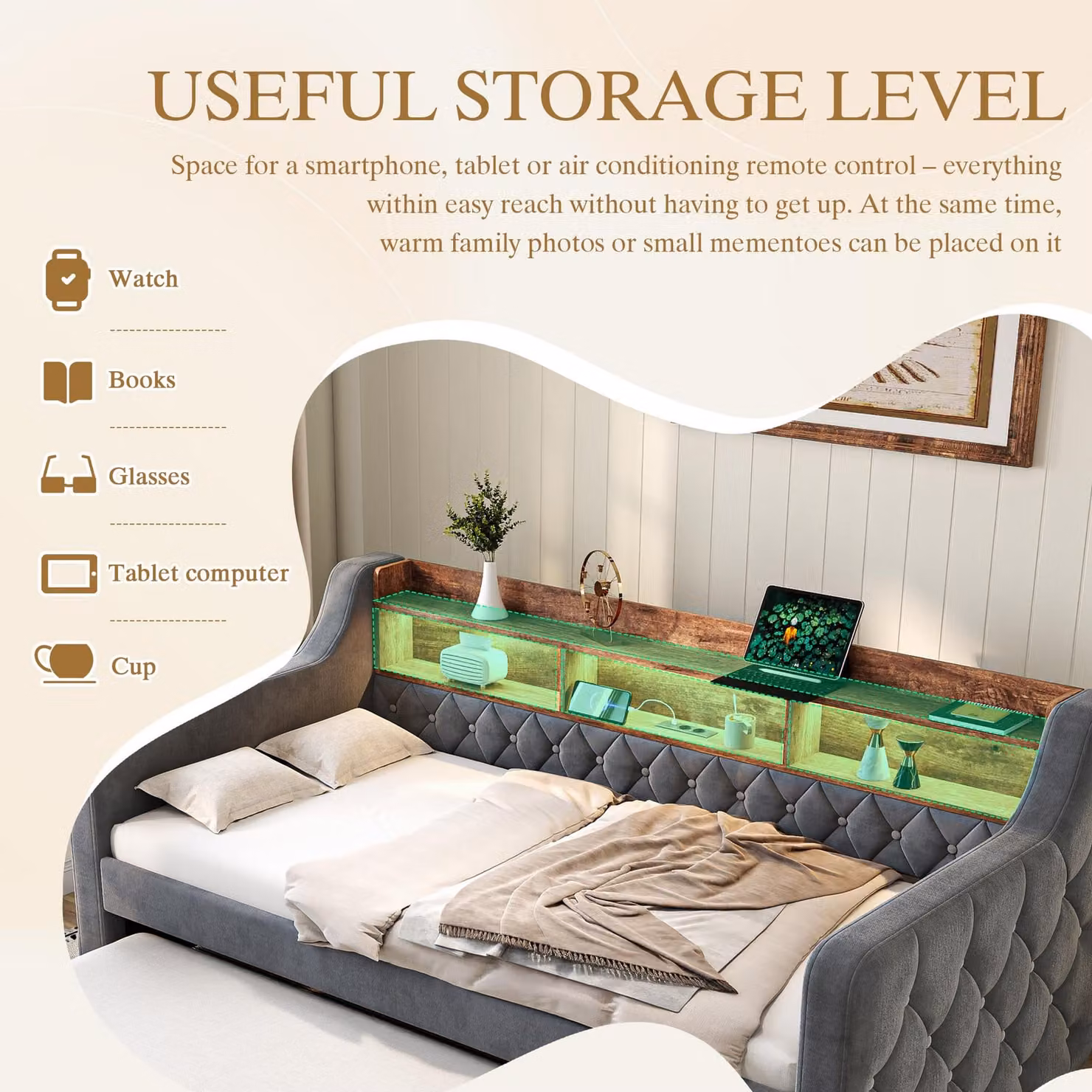 Aosom UK Modern Velvet Upholstered Sofa Bed with Pull-Out Frame, LED Lighting and USB Charging, Dark Grey, W: 201 cm, D: 107 cm, H: 75 cm – 6