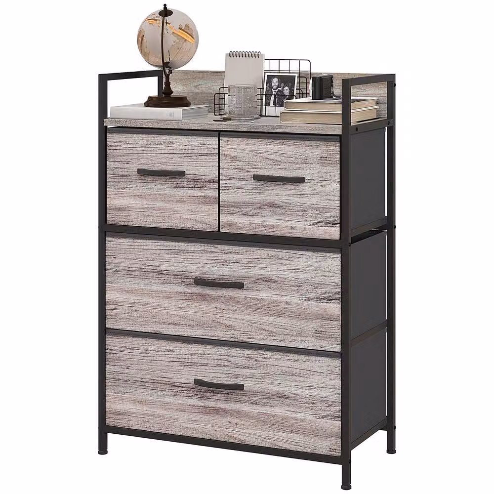 ERGOVEXA Rustic Chest of Four Fabric Drawers in Grey Wood Effect – 2